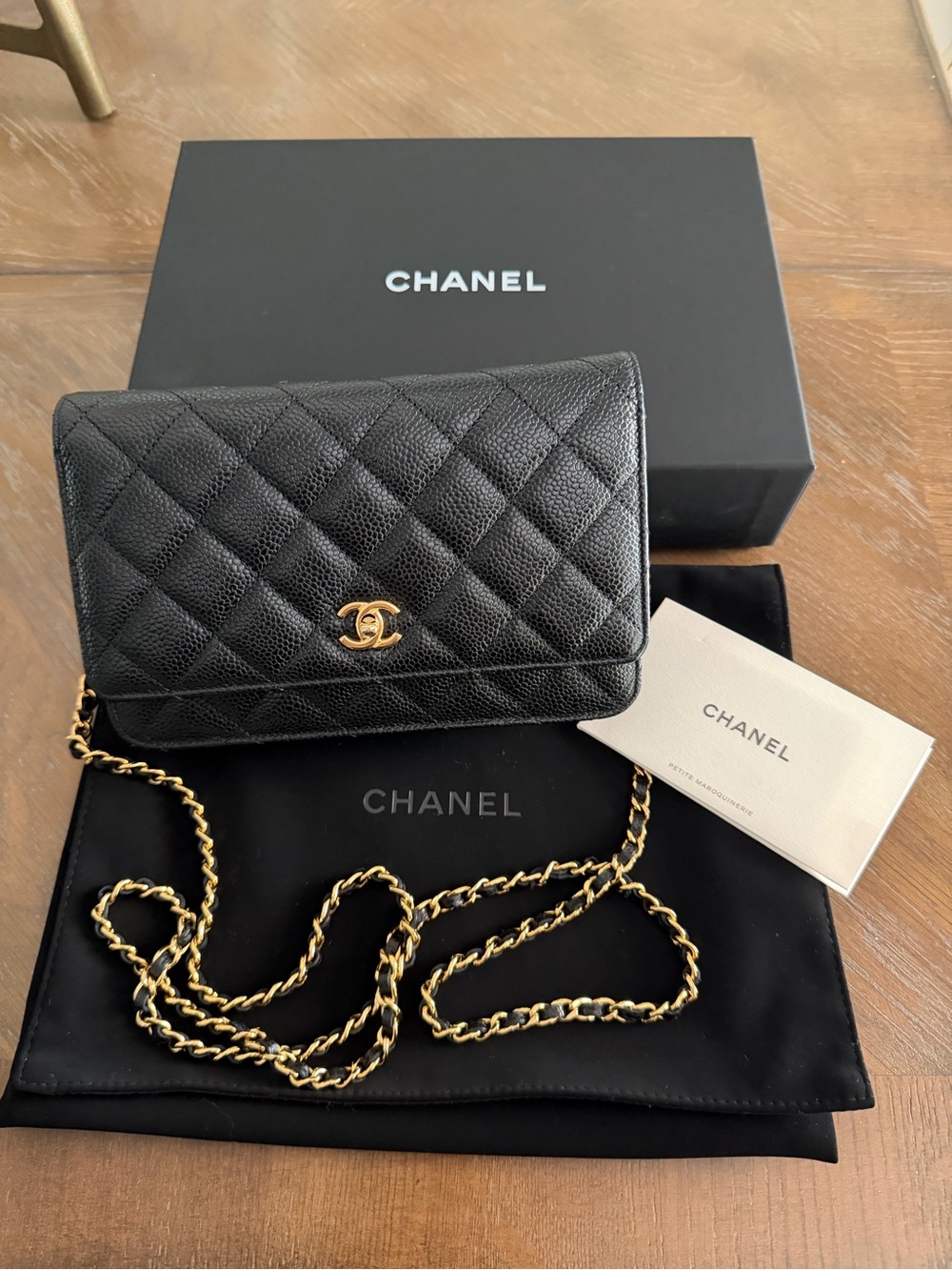 CHANEL caviar turnlock wallet on chain